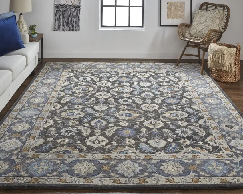 Taupe Blue And Ivory Wool Floral Tufted Handmade Stain Resistant Area Rug Photo 5