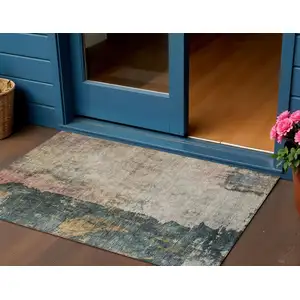 Photo of Taupe Blue And Lavender Abstract Washable Indoor Outdoor Area Rug