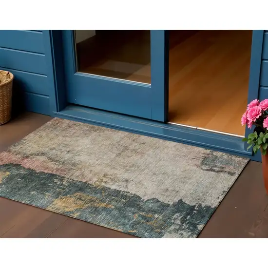 Taupe Blue And Lavender Abstract Washable Indoor Outdoor Area Rug Photo 1