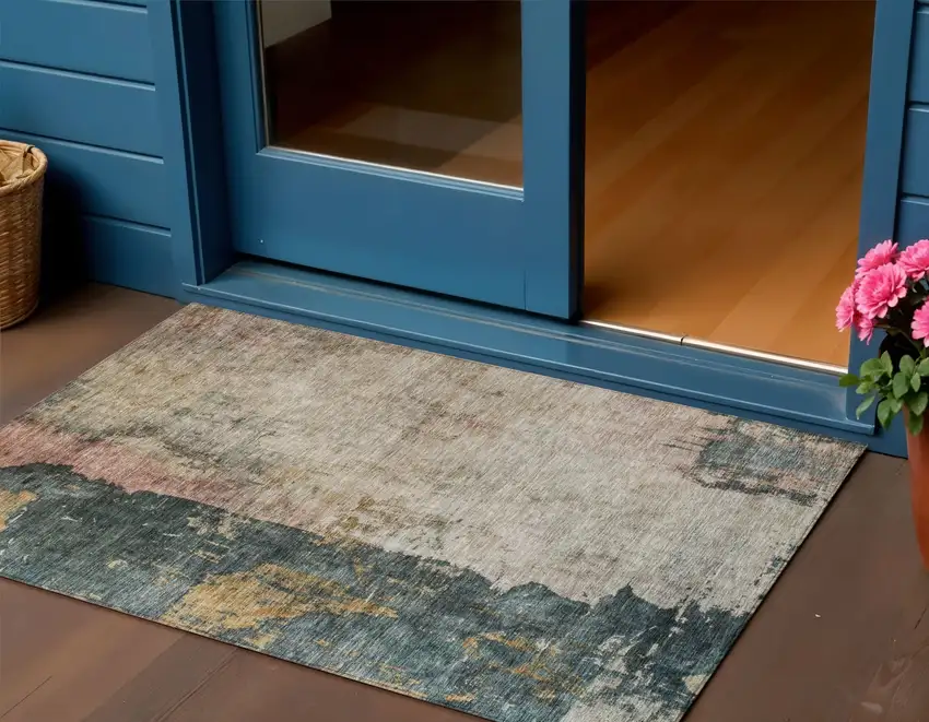 Taupe Blue And Lavender Abstract Washable Indoor Outdoor Area Rug Photo 1