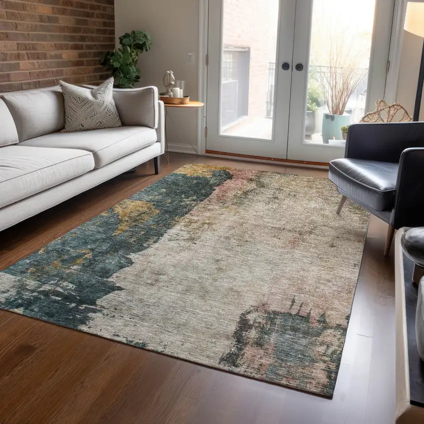 Taupe Blue And Lavender Abstract Washable Indoor Outdoor Area Rug Photo 8