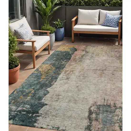 Taupe Blue And Lavender Abstract Washable Indoor Outdoor Area Rug Photo 1
