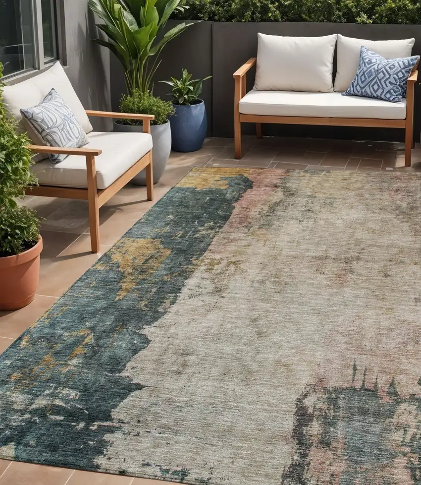 Taupe Blue And Lavender Abstract Washable Indoor Outdoor Area Rug Photo 1