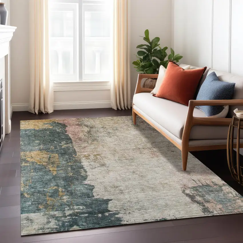 Taupe Blue And Lavender Abstract Washable Indoor Outdoor Area Rug Photo 9