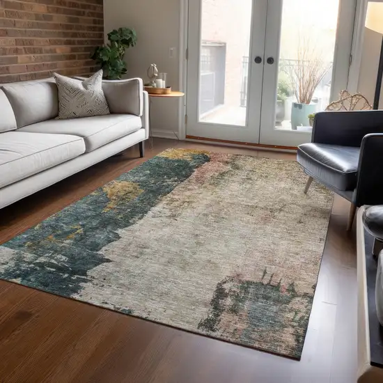 Taupe Blue And Lavender Abstract Washable Indoor Outdoor Area Rug Photo 9