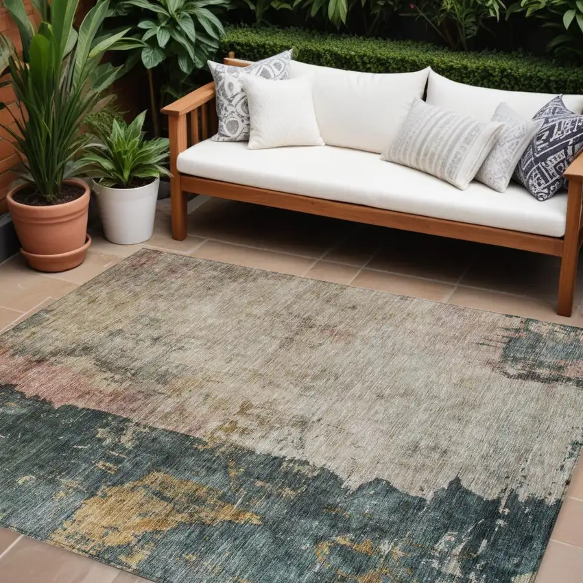 Taupe Blue And Lavender Abstract Washable Indoor Outdoor Area Rug Photo 1