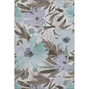 Photo of Taupe Blue And Lavender Floral Washable Area Rug With UV Protection