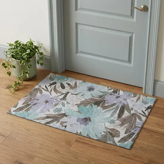 Taupe Blue And Lavender Floral Washable Area Rug With UV Protection Photo 1