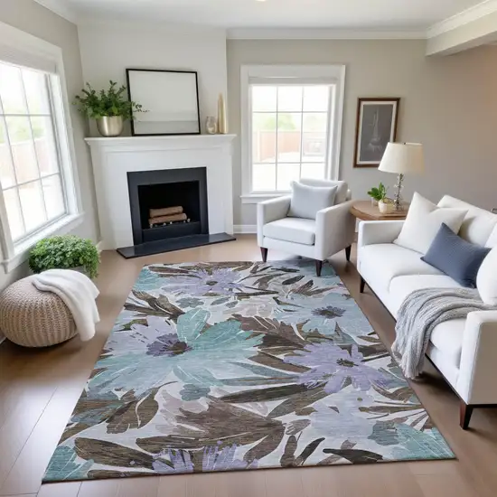 Taupe Blue And Lavender Floral Washable Area Rug With UV Protection Photo 4