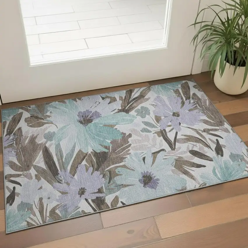 Taupe Blue And Lavender Floral Washable Area Rug With UV Protection Photo 2