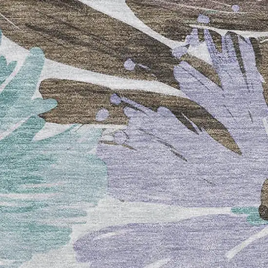 Taupe Blue And Lavender Floral Washable Area Rug With UV Protection Photo 2