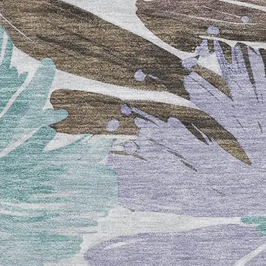 Taupe Blue And Lavender Floral Washable Area Rug With UV Protection Photo 2