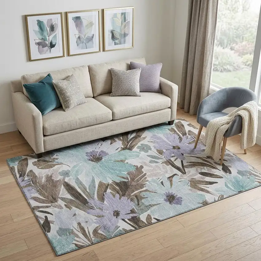 Taupe Blue And Lavender Floral Washable Area Rug With UV Protection Photo 1