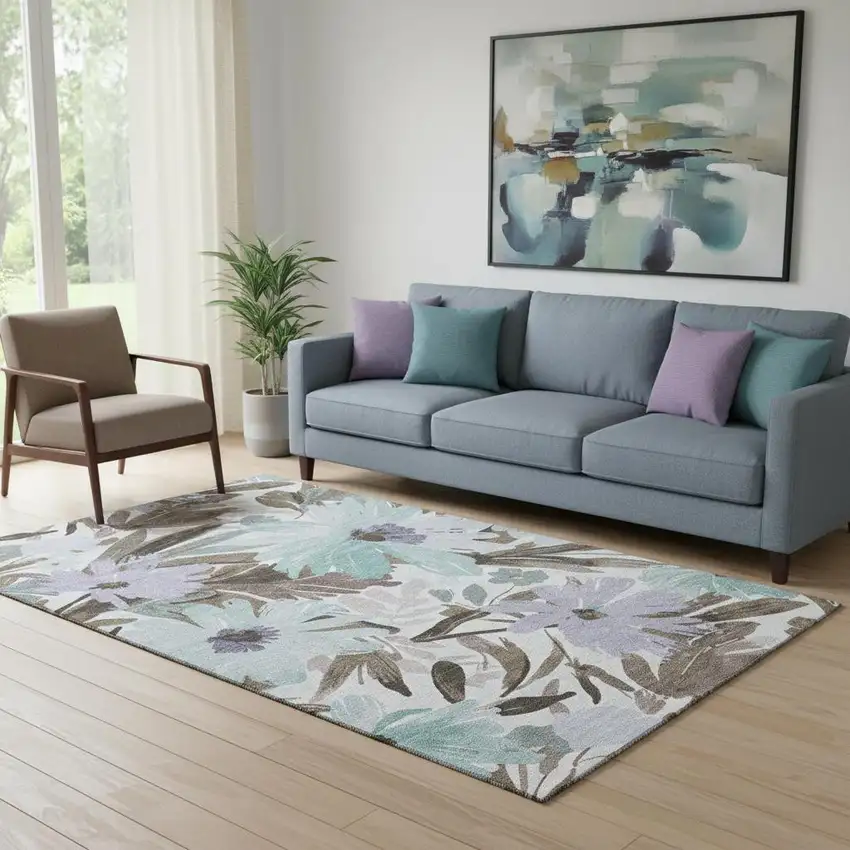 Taupe Blue And Lavender Floral Washable Area Rug With UV Protection Photo 2