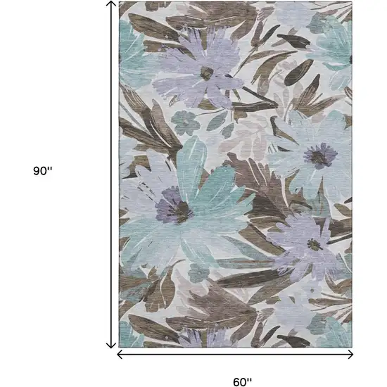 Taupe Blue And Lavender Floral Washable Area Rug With UV Protection Photo 7