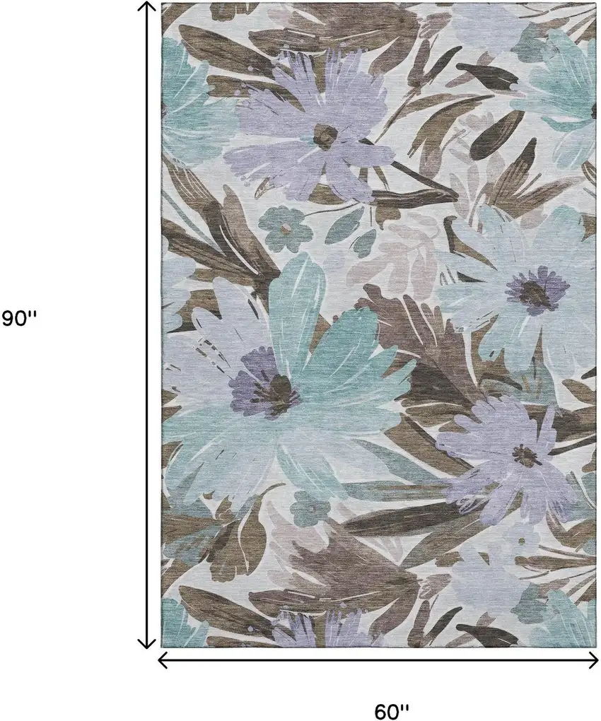 Taupe Blue And Lavender Floral Washable Area Rug With UV Protection Photo 7