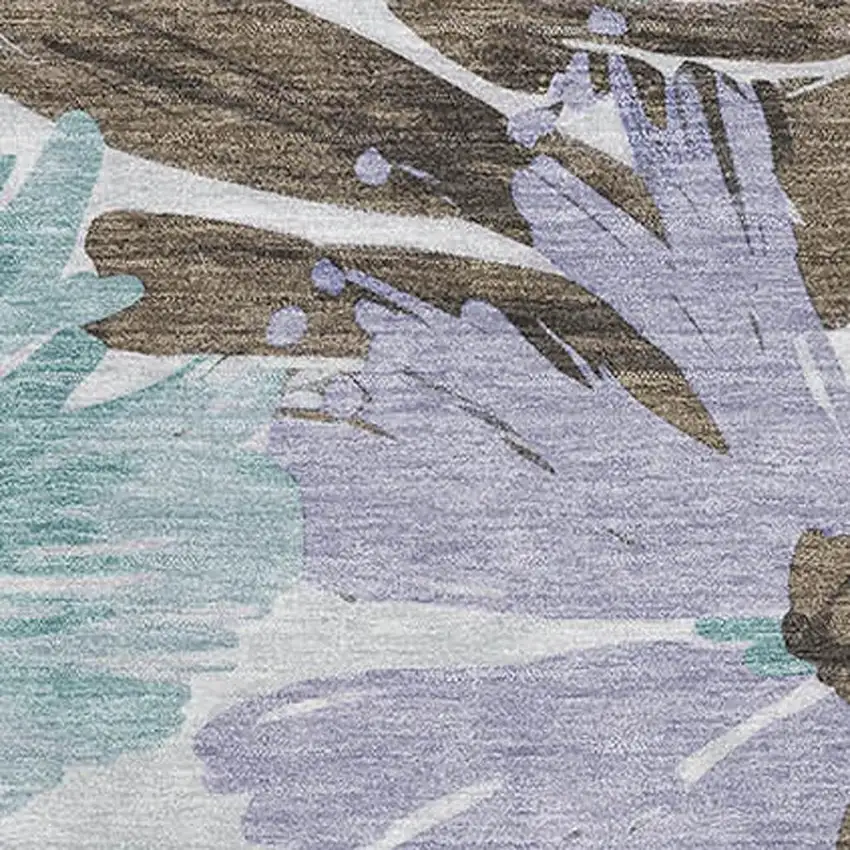 Taupe Blue And Lavender Floral Washable Area Rug With UV Protection Photo 2