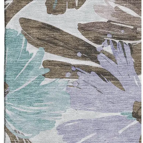 Taupe Blue And Lavender Floral Washable Area Rug With UV Protection Photo 3