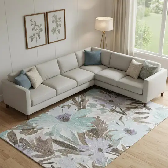 Taupe Blue And Lavender Floral Washable Area Rug With UV Protection Photo 2