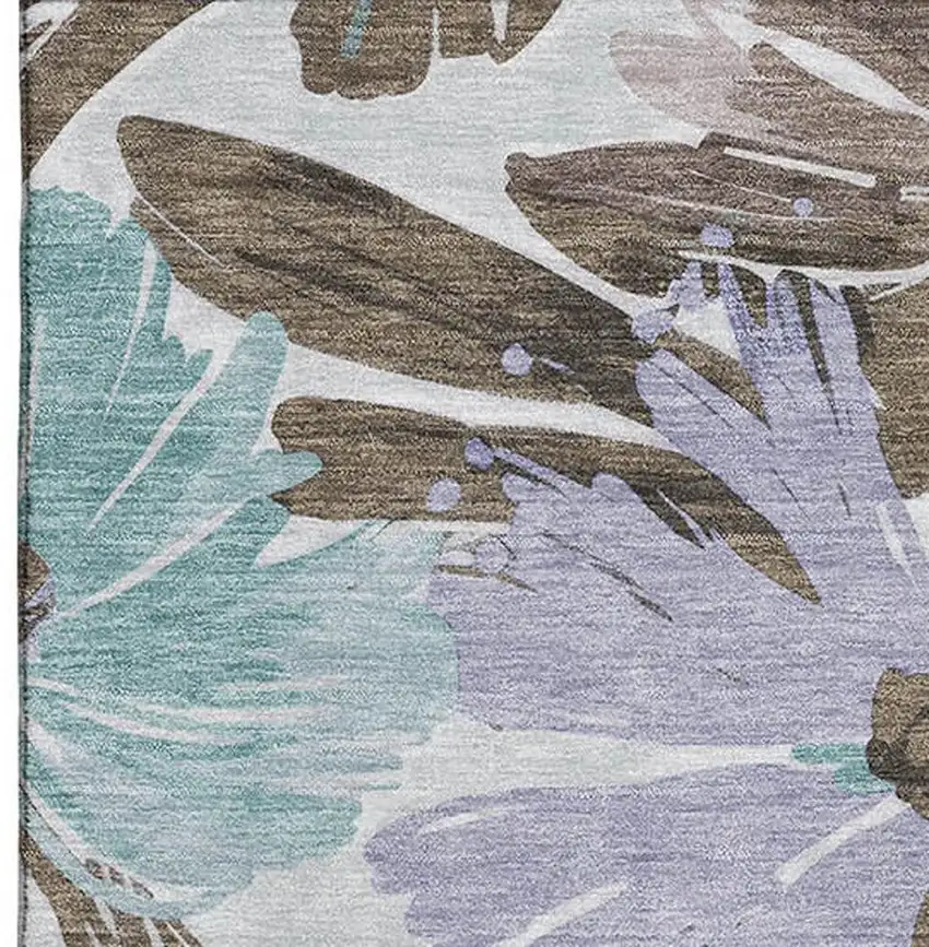 Taupe Blue And Lavender Floral Washable Area Rug With UV Protection Photo 3