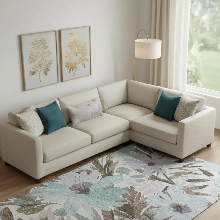 Taupe Blue And Lavender Floral Washable Area Rug With UV Protection Photo 2