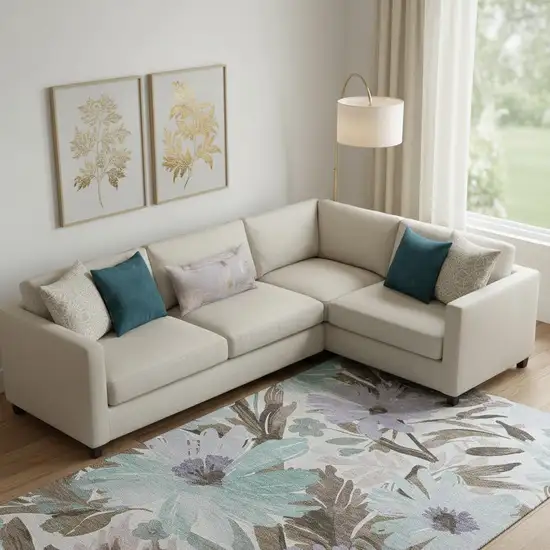 Taupe Blue And Lavender Floral Washable Area Rug With UV Protection Photo 2