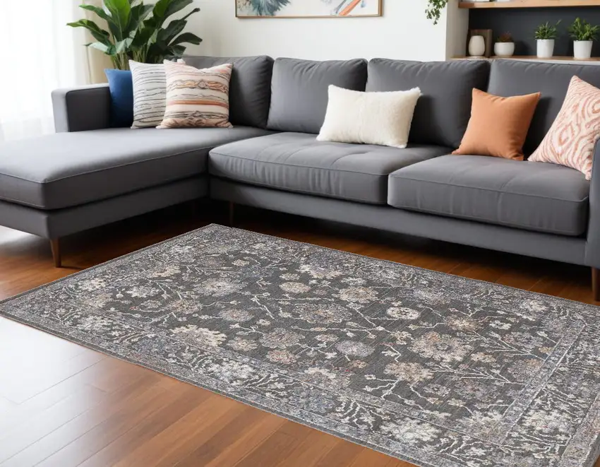 Blue and Orange Floral Power Loom Area Rug Photo 1