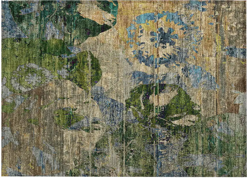 Taupe Blue and Green Floral Washable Non Skid Indoor Outdoor Area Rug Photo 2
