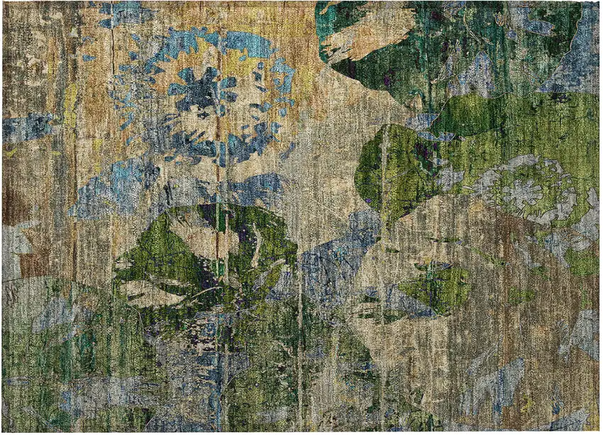 Taupe Blue and Green Floral Washable Non Skid Indoor Outdoor Area Rug Photo 4