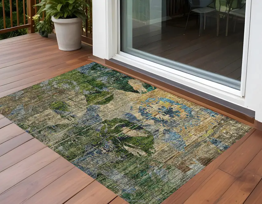 Taupe Blue and Green Floral Washable Non Skid Indoor Outdoor Area Rug Photo 1
