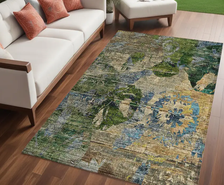 Taupe Blue and Green Floral Washable Non Skid Indoor Outdoor Area Rug Photo 1
