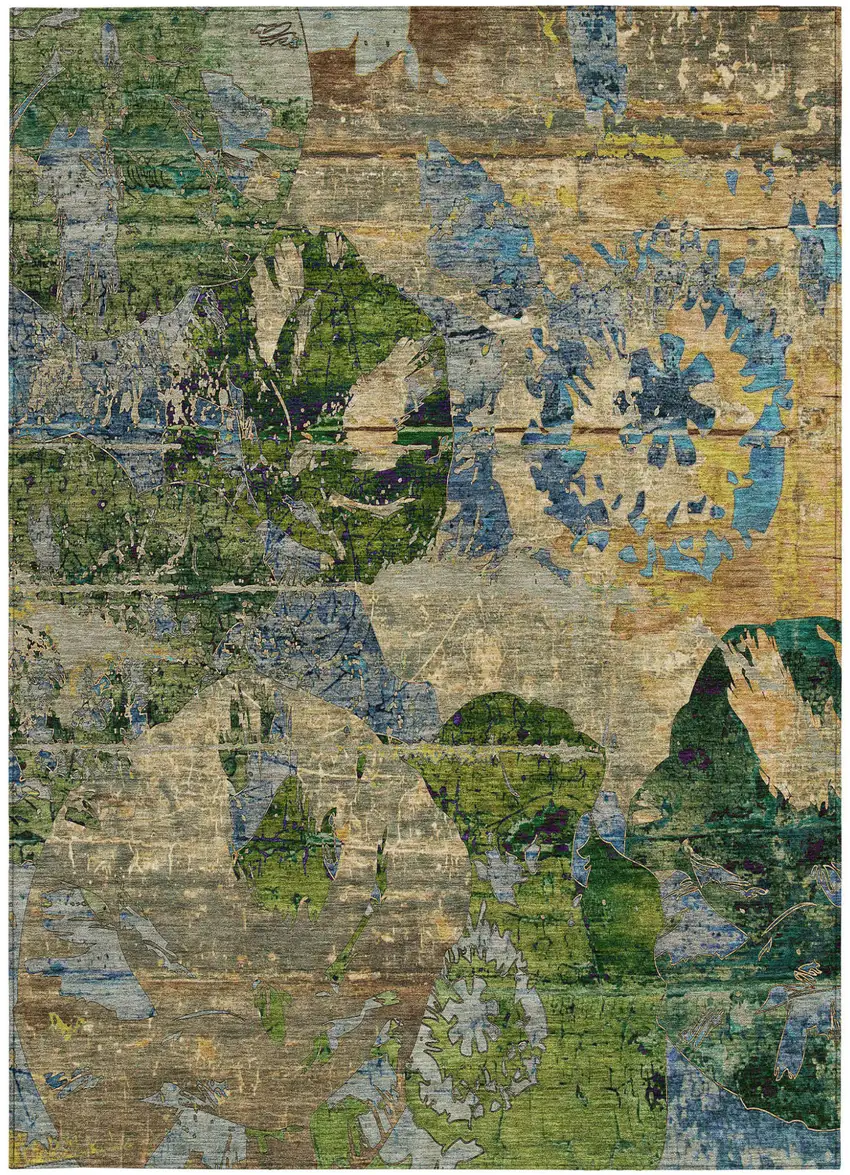 Taupe Blue and Green Floral Washable Non Skid Indoor Outdoor Area Rug Photo 4