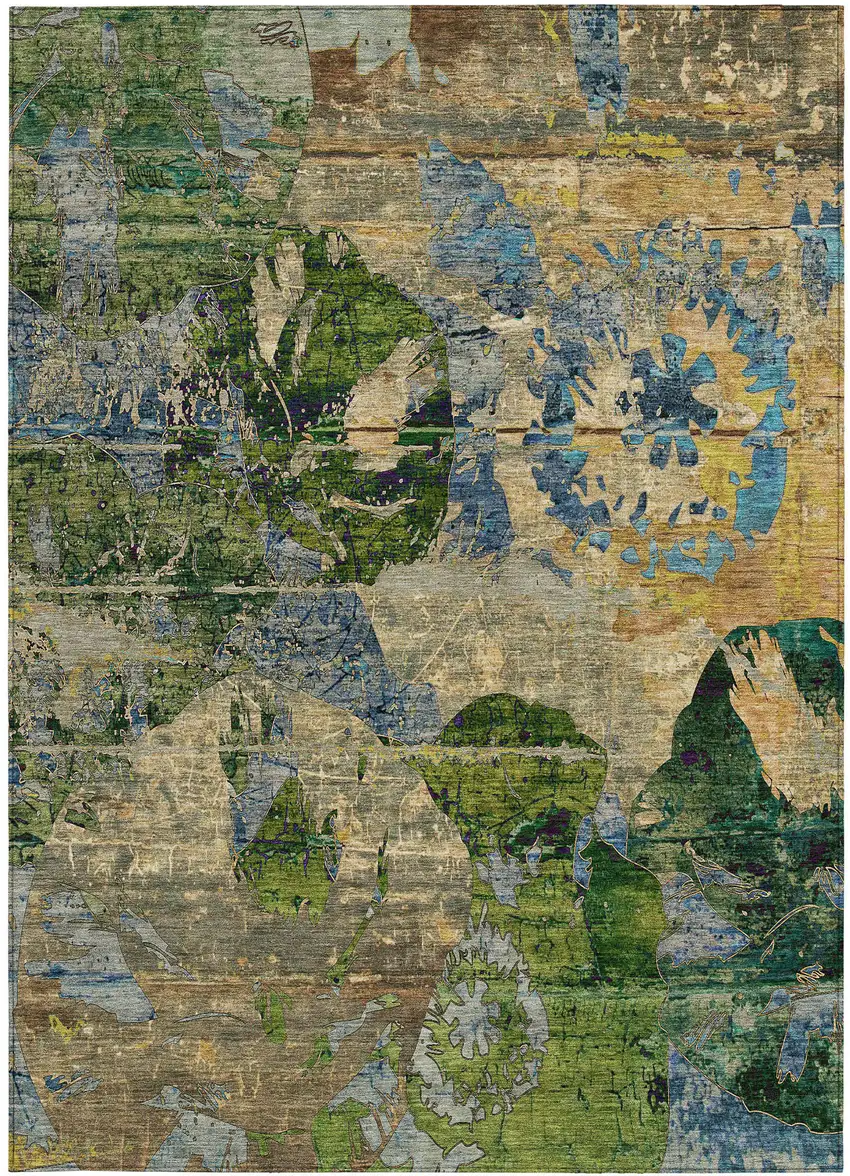 Taupe Blue and Green Floral Washable Non Skid Indoor Outdoor Area Rug Photo 5