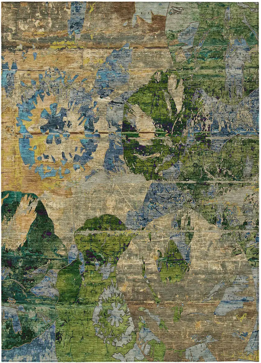 Taupe Blue and Green Floral Washable Non Skid Indoor Outdoor Area Rug Photo 2