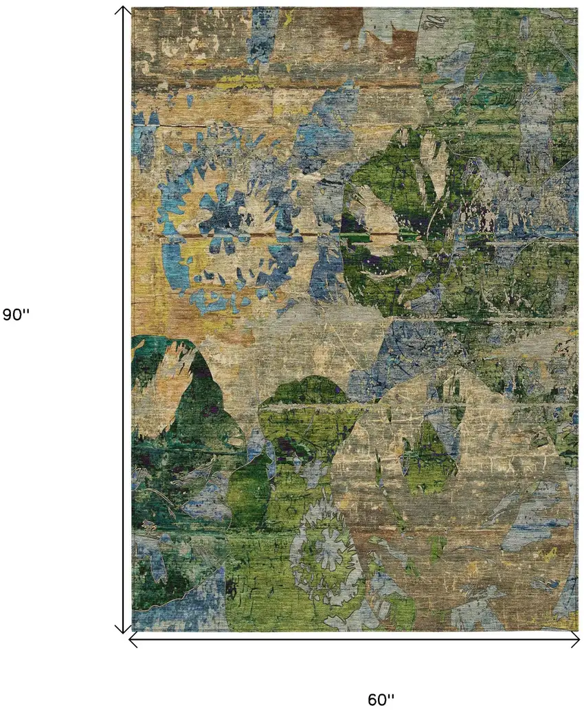Taupe Blue and Green Floral Washable Non Skid Indoor Outdoor Area Rug Photo 3