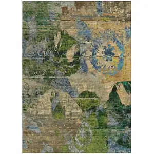Photo of Taupe Blue and Green Floral Washable Non Skid Indoor Outdoor Area Rug