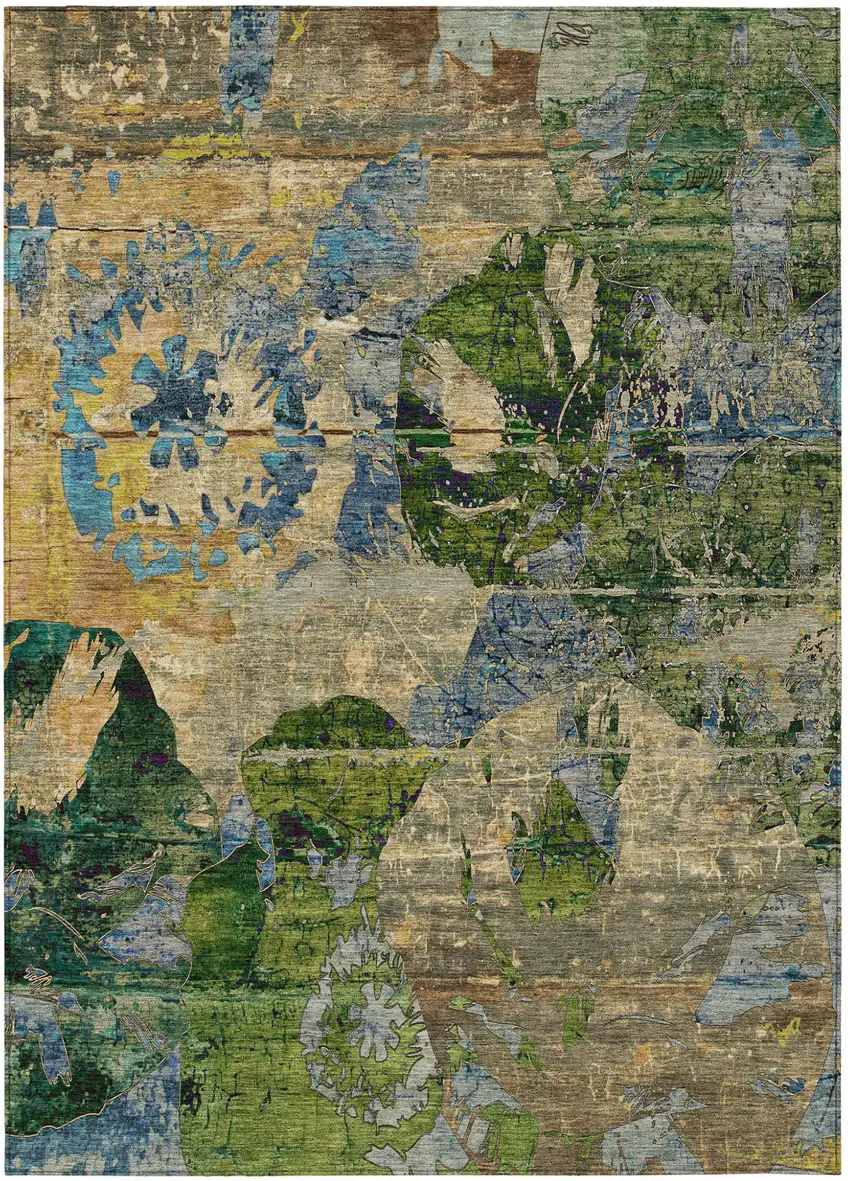 Taupe Blue and Green Floral Washable Non Skid Indoor Outdoor Area Rug Photo 2