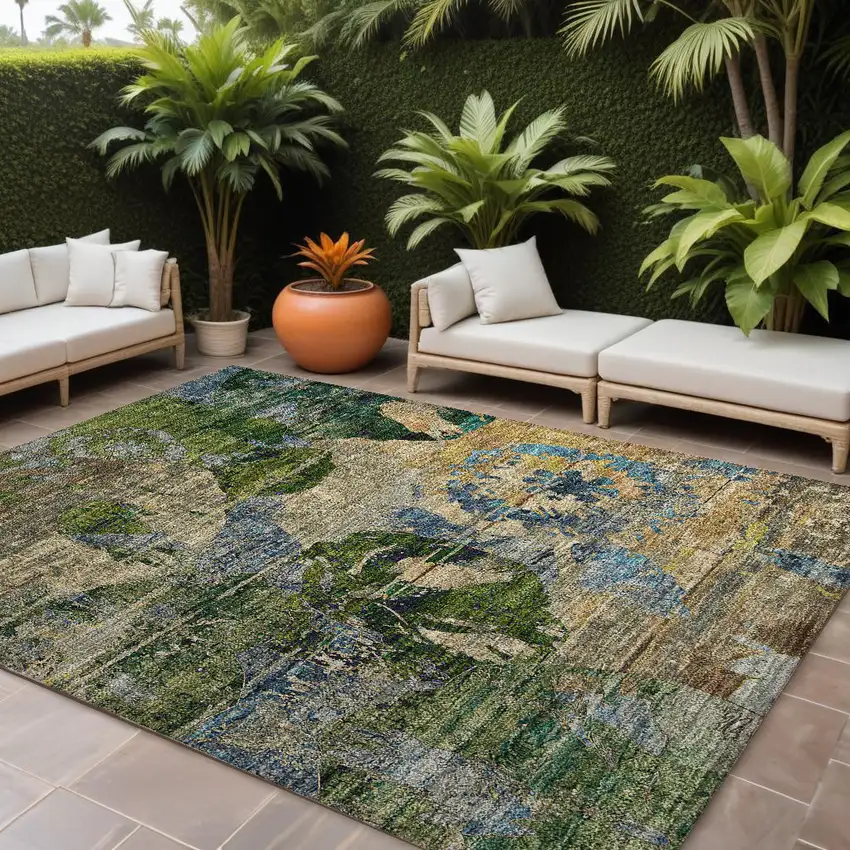 Taupe Blue and Green Floral Washable Non Skid Indoor Outdoor Area Rug Photo 1