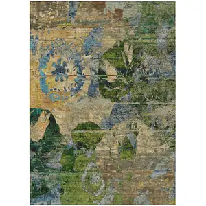 Photo of Taupe Blue and Green Floral Washable Non Skid Indoor Outdoor Area Rug