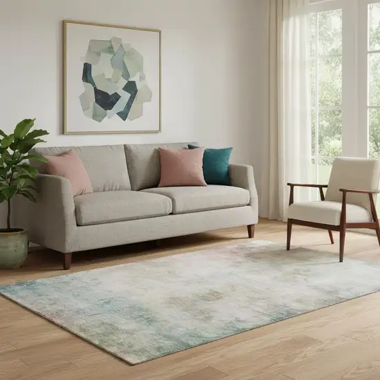 Taupe Blush And Teal Abstract Washable Area Rug With UV Protection Photo 2