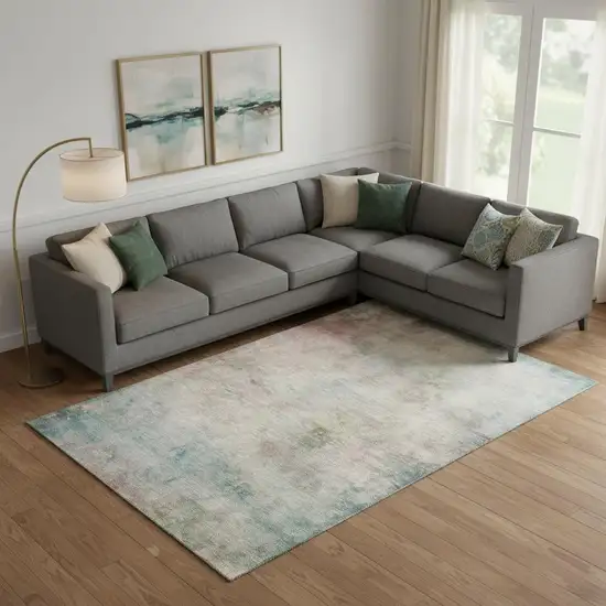 Taupe Blush And Teal Abstract Washable Area Rug With UV Protection Photo 2