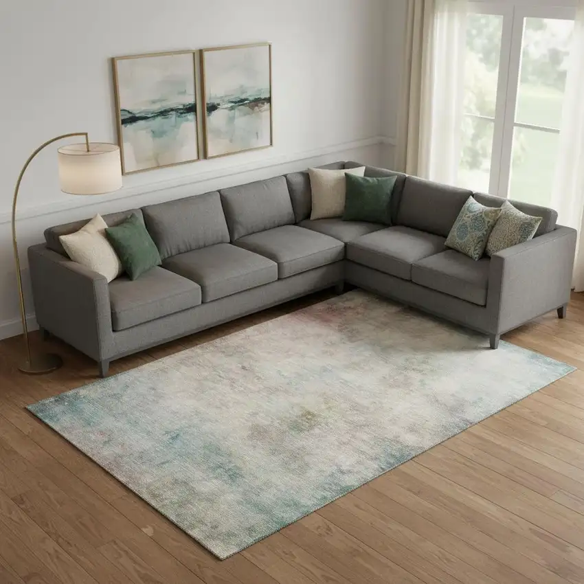 Taupe Blush And Teal Abstract Washable Area Rug With UV Protection Photo 2