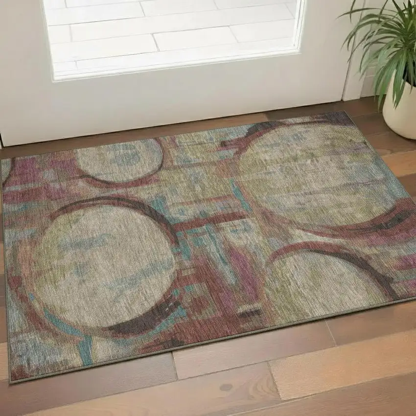 Taupe Blush And Teal Geometric Washable Area Rug With UV Protection Photo 1