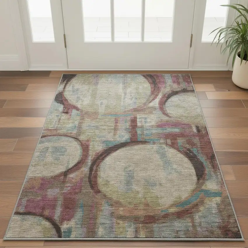 Taupe Blush And Teal Geometric Washable Area Rug With UV Protection Photo 2