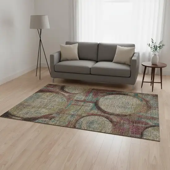 Taupe Blush And Teal Geometric Washable Area Rug With UV Protection Photo 2