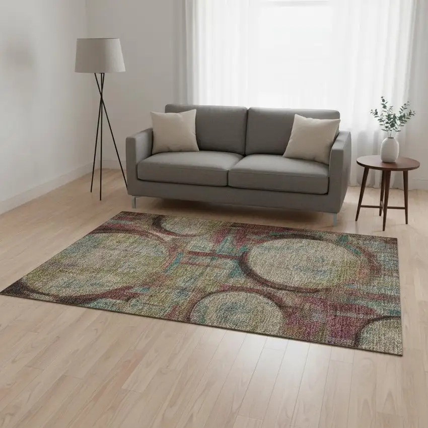 Taupe Blush And Teal Geometric Washable Area Rug With UV Protection Photo 2