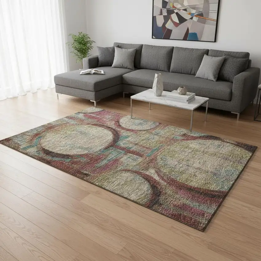 Taupe Blush And Teal Geometric Washable Area Rug With UV Protection Photo 2