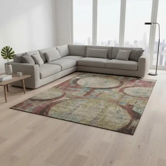 Taupe Blush And Teal Geometric Washable Area Rug With UV Protection Photo 2