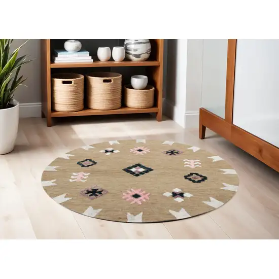 5' Taupe Round Wool Hand Hooked Handmade Area Rug Photo 1