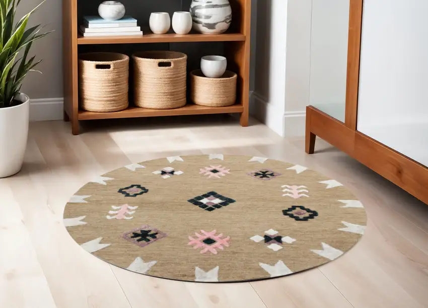 5' Taupe Round Wool Hand Hooked Handmade Area Rug Photo 1